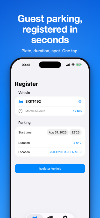 The Register tab, with saved license plates and a one-tap registration form.