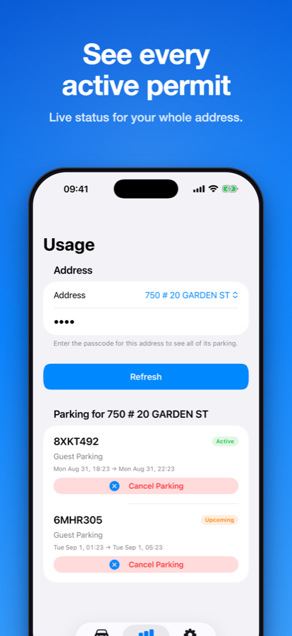 The Usage tab listing active, upcoming and expired parking permits.